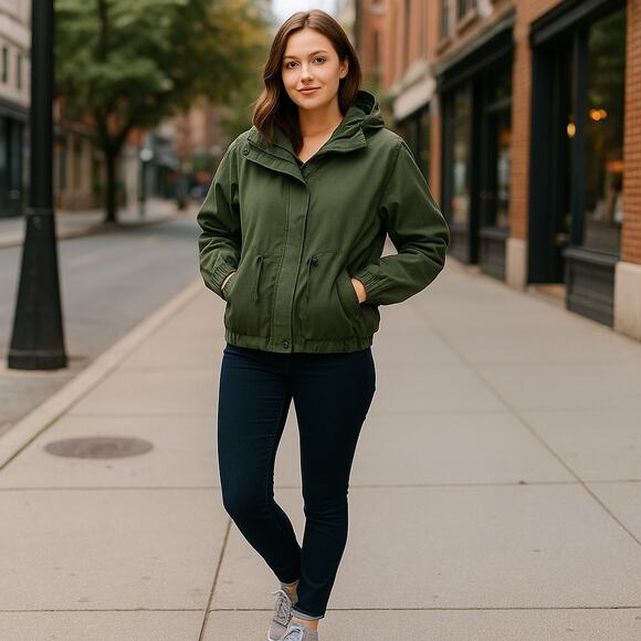 Green  Utility Jacket Hooded Zip Up - Picture 1 of 7